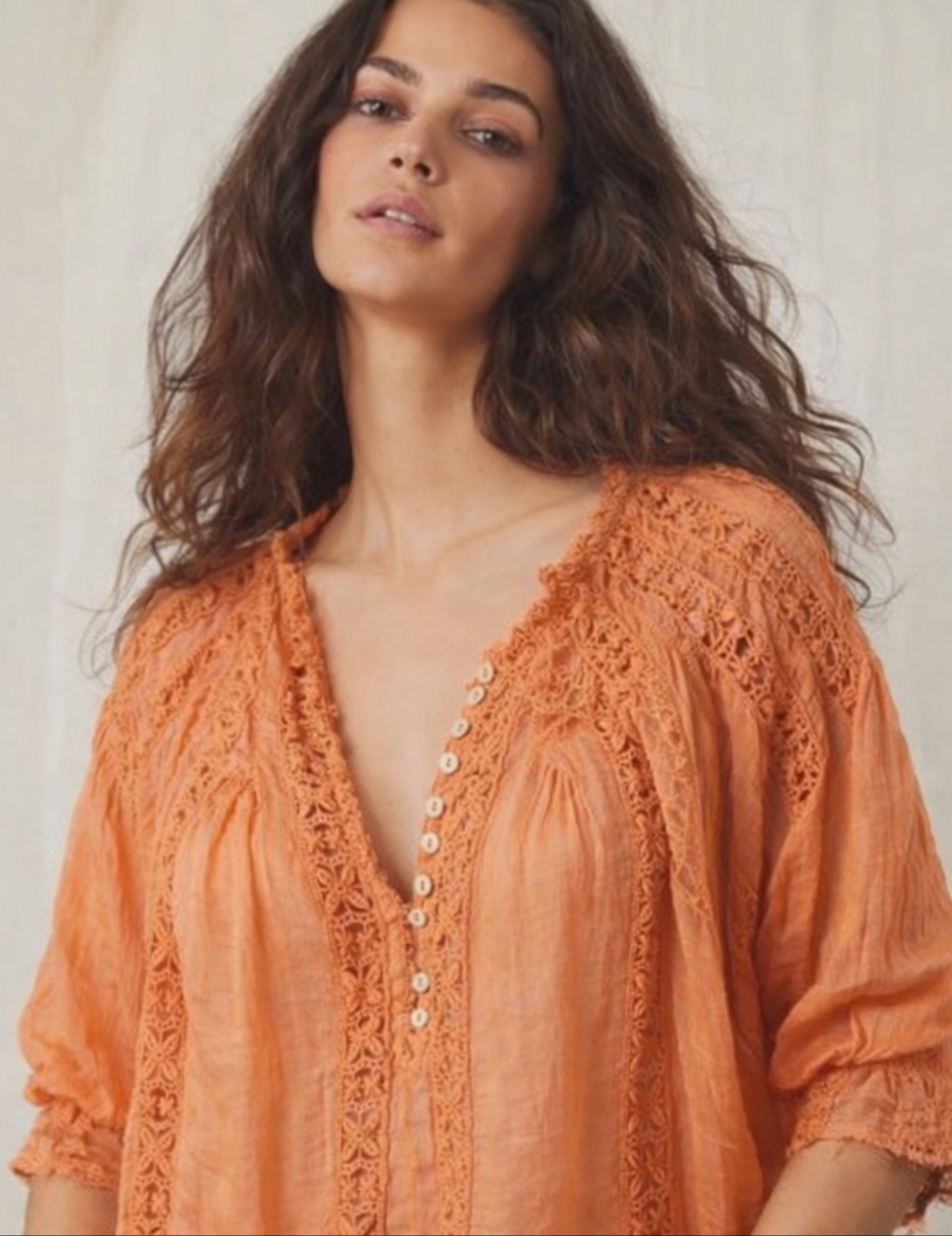 Free People Crochet-Trim Peasant Blouse in Orange